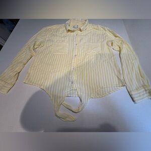 Women’s Yellow and White striped Large Tie Front Button Up Long Sleeve SO Shirt